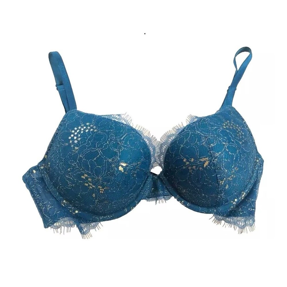 Victoria Secret Bombshell Push Up Bra 34DD Teal Metallic Lace Adds 2 Cup Size